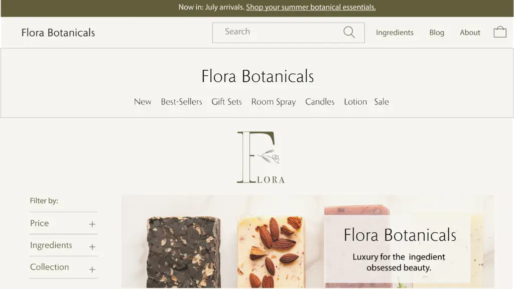 Website homepage for Flora Botanicals